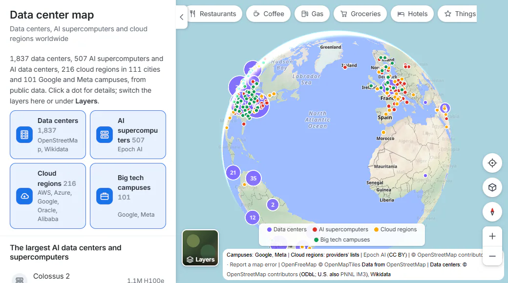 The data center map: four switches for Data centers, AI supercomputers, Cloud regions and Big tech campuses with their counts, a world map with colored dots and clusters, and a color key at the bottom